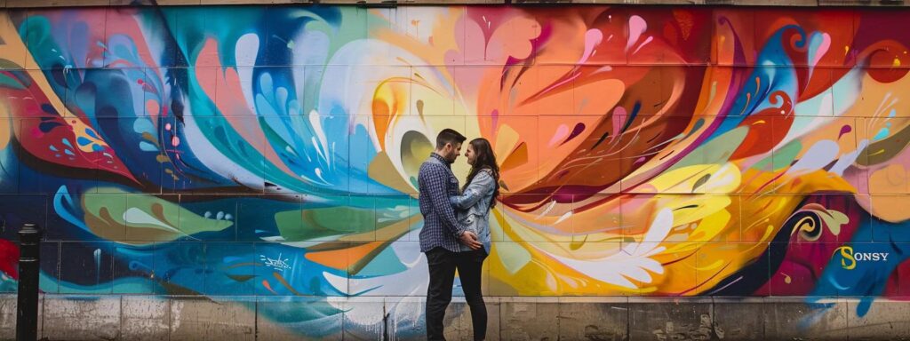 a couple stands lovingly embraced in front of a vibrant mural, framed by the historic architecture of leeds, radiating the rich tapestry of cultural heritage. a couple stands lovingly embraced in front of a vibrant mural, framed by the historic architecture of leeds, radiating the rich tapestry of cultural heritage. - DAVE SPINK WEDDING PHOTOGRAPHY AND FILMS