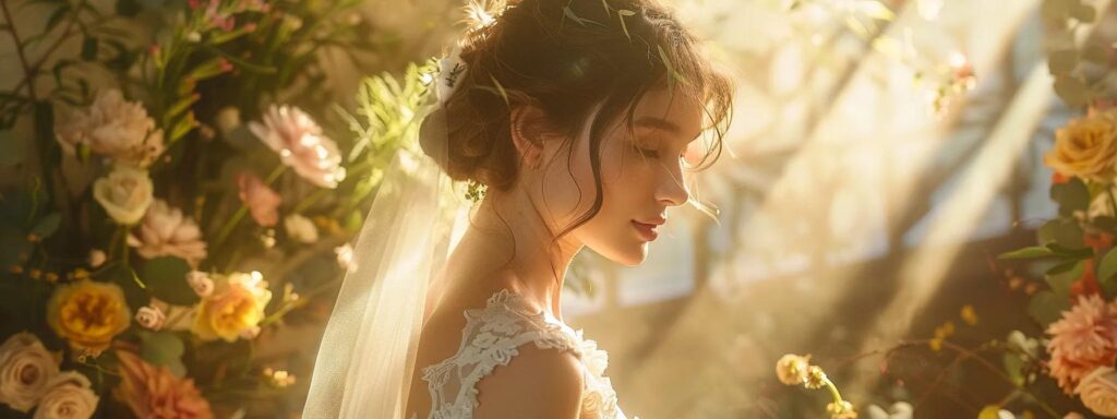 a soft, ethereal glow envelops a bride in a flowing gown, casting romantic shadows that enhance her delicate features and the lush floral backdrop. - DAVE SPINK WEDDING PHOTOGRAPHY AND FILMS - DAVE SPINK WEDDING PHOTOGRAPHY AND FILMS