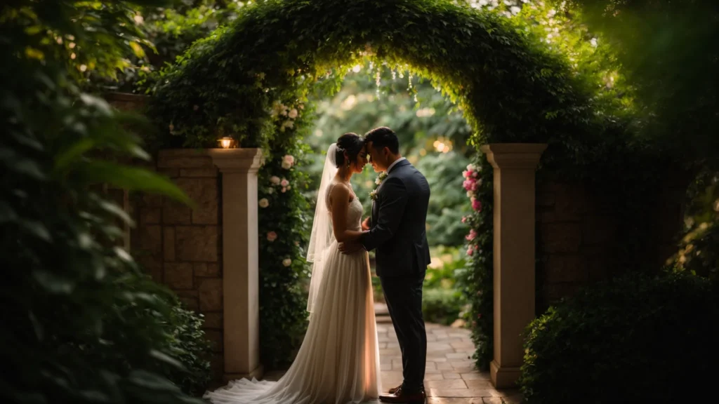 a radiant bride and groom share an intimate moment under a softly lit archway, surrounded by lush greenery, their eyes reflecting joy and the warmth of heartfelt testimonials that guided their choice of wedding photographer. - DAVE SPINK WEDDING PHOTOGRAPHY AND FILMS - DAVE SPINK WEDDING PHOTOGRAPHY AND FILMS