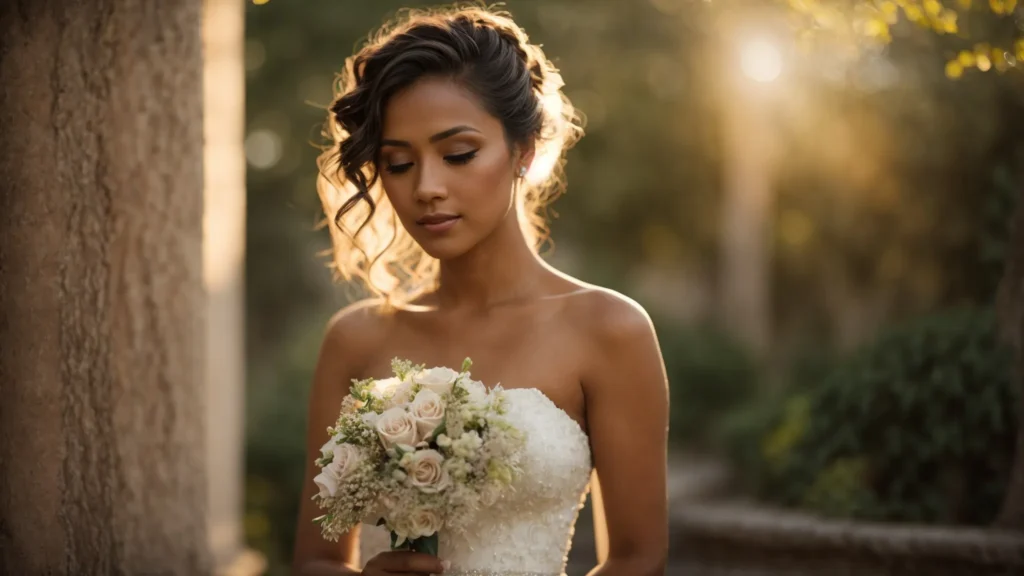 a radiant bride, enveloped in soft golden sunlight, gazes lovingly at her wedding photographer amidst a picturesque outdoor setting, embodying the seamless connection between personal vision and expert guidance in capturing her special day. - DAVE SPINK WEDDING PHOTOGRAPHY AND FILMS - DAVE SPINK WEDDING PHOTOGRAPHY AND FILMS